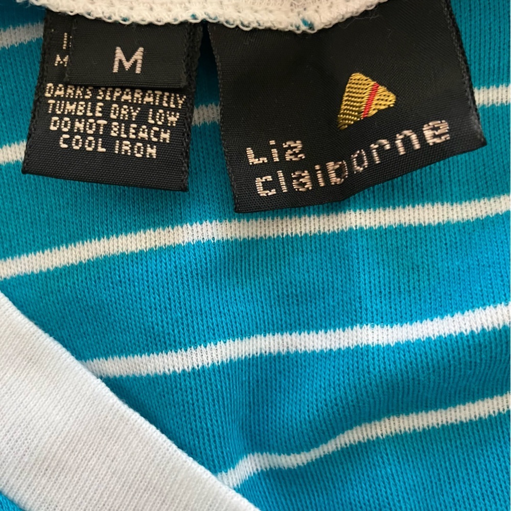 VTG 90s Women’s Striped V-neck Tennis Tshirt Preppy Sz. M Teal White Puff Sleeve - Picture 3 of 5